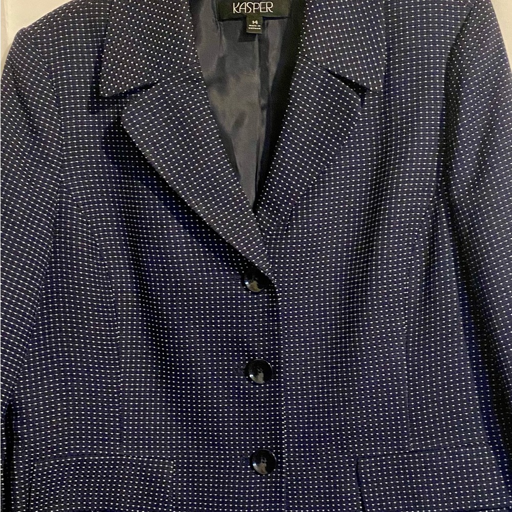 Kasper Women's 2-Piece Blue with White Polka Dots Skirt Suit Set Size 14 Midi - Picture 11 of 16